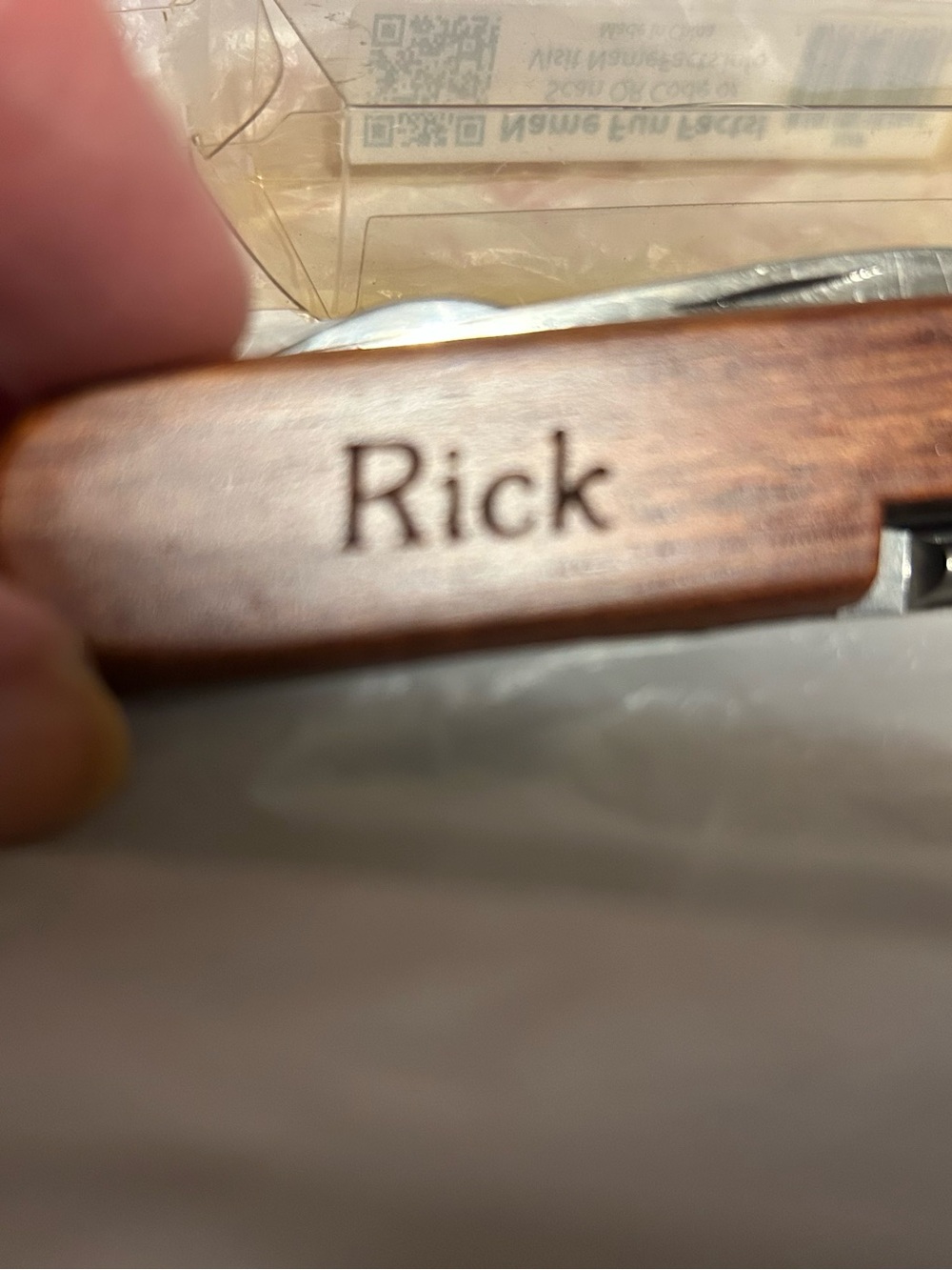 NWT Pocketknife with Rick name engraved on beautiful wood with Multi tools insid